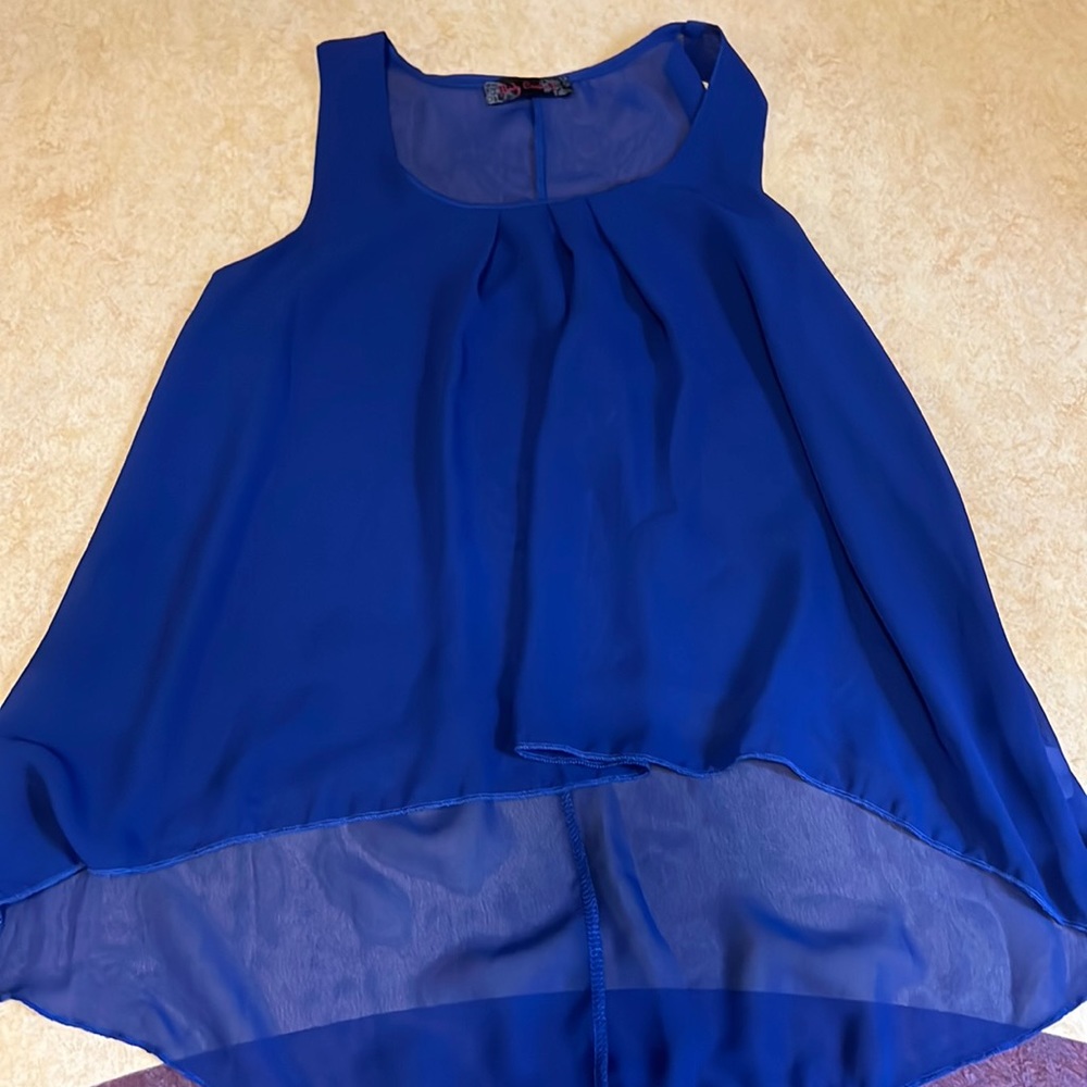 blue sheer high low tank top.